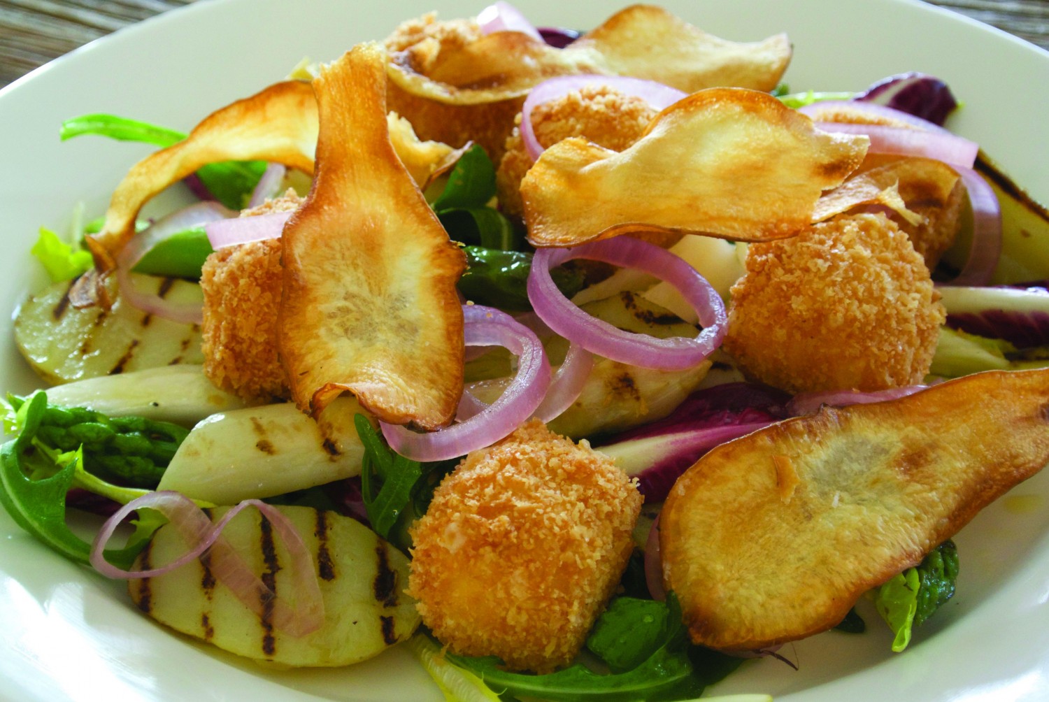 New Potato, Grilled Asparagus, Deep Fried Collier’s Cheddar Cheese with Bacon and Pickled Onion Rings