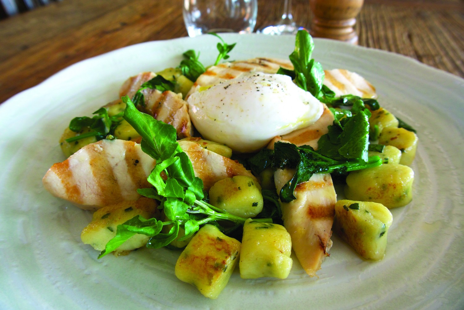 Collier’s Cheddar Gnocchi, Grilled Chicken, Watercress, poached egg & celery salt